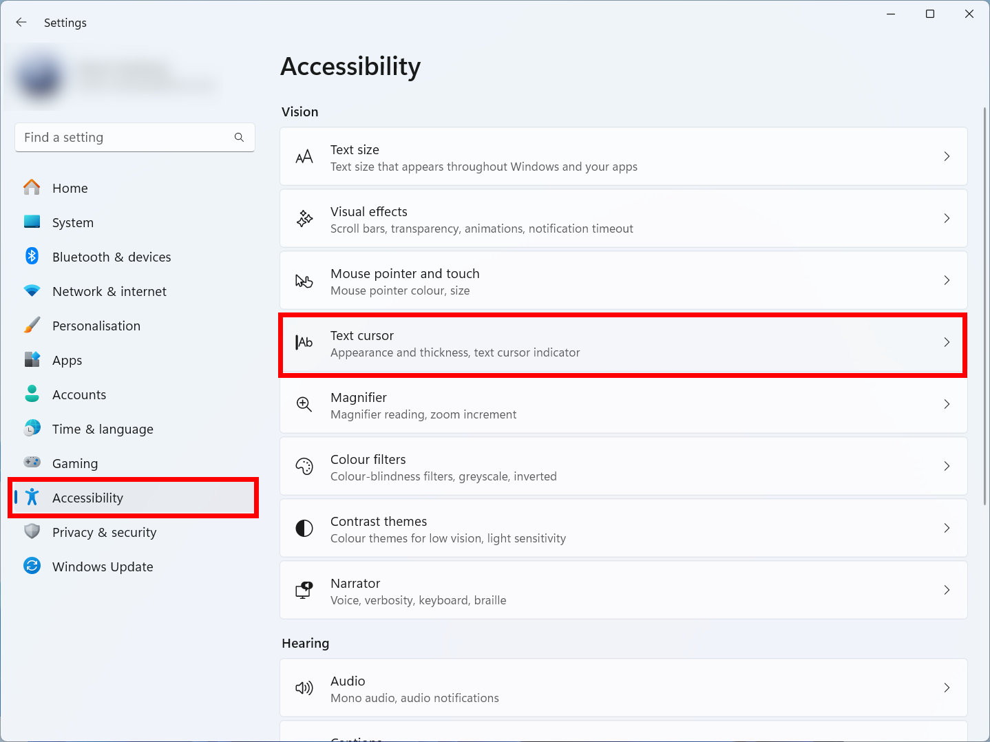 Open the Accessibility settings and select Text cursor